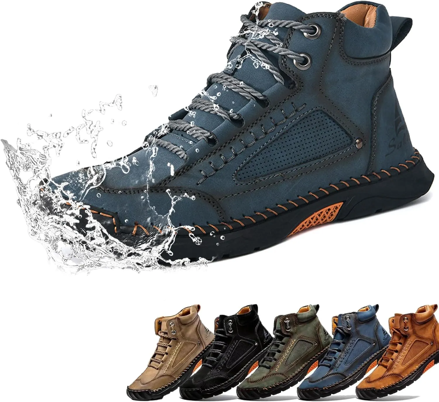 Sawbehind Men's Comfortable Handmade Leather Boots, 2025 New Sawbehind Mens Boots, Wide Toe Box Outdoor Leather Shoes, Waterproof, Arch Support