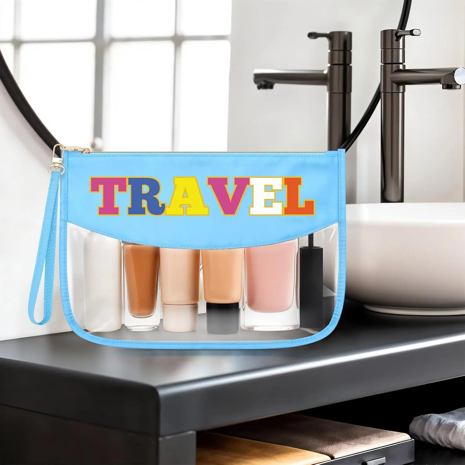 Sazuwu Chenille Letter Makeup Bag with Zipper Preppy Accessories for Girls Transparent PVC Cosmetic Travel Bag Organizer Portable Travel Pouches Makeup Toiletry Bag Organizer Storage Pouch