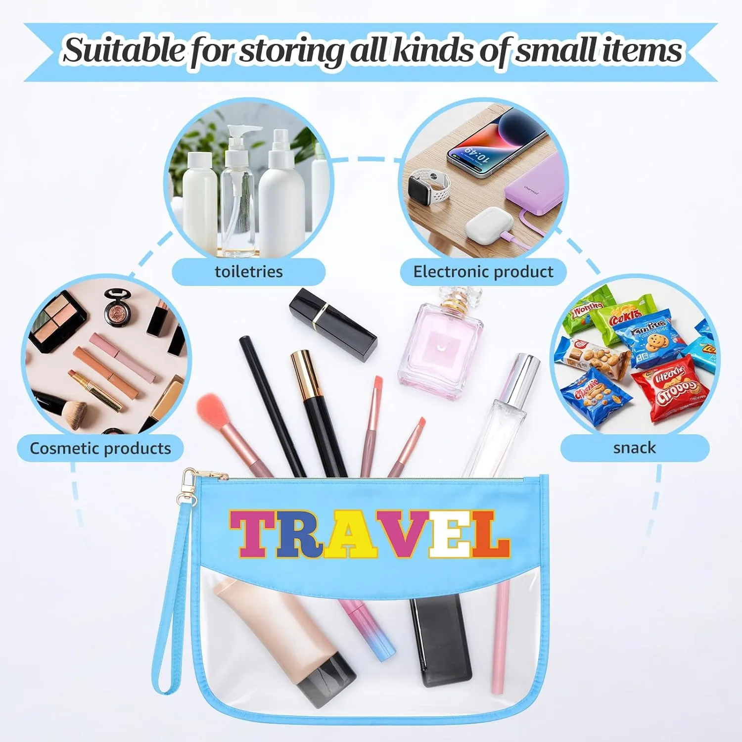 Sazuwu Chenille Letter Makeup Bag with Zipper Preppy Accessories for Girls Transparent PVC Cosmetic Travel Bag Organizer Portable Travel Pouches Makeup Toiletry Bag Organizer Storage Pouch
