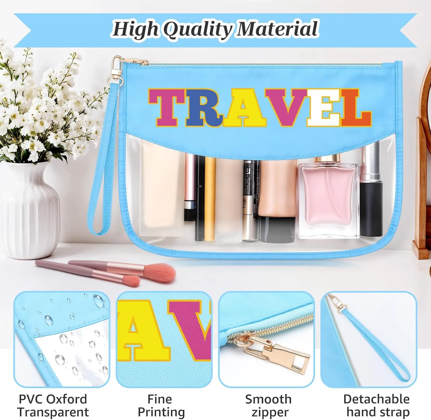 Sazuwu Chenille Letter Makeup Bag with Zipper Preppy Accessories for Girls Transparent PVC Cosmetic Travel Bag Organizer Portable Travel Pouches Makeup Toiletry Bag Organizer Storage Pouch