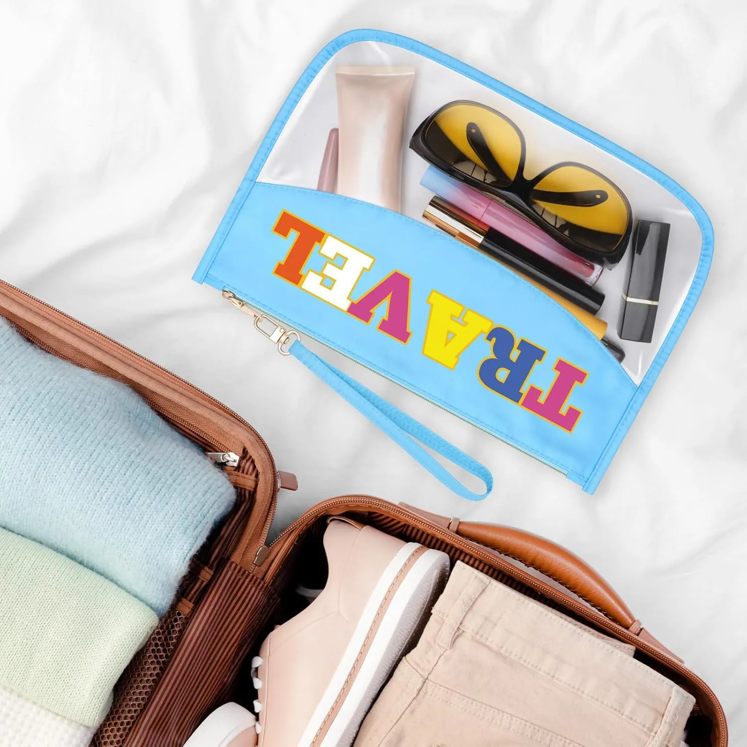 Sazuwu Chenille Letter Makeup Bag with Zipper Preppy Accessories for Girls Transparent PVC Cosmetic Travel Bag Organizer Portable Travel Pouches Makeup Toiletry Bag Organizer Storage Pouch