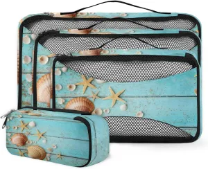 Seashells Blue Wooned 4 Piece Packing Travel Organizer Cubes Set Mesh Fabric Ventilate Design Lightweight Travel Accessories 4 Sizes (Extra Large, Large, Medium, Small)