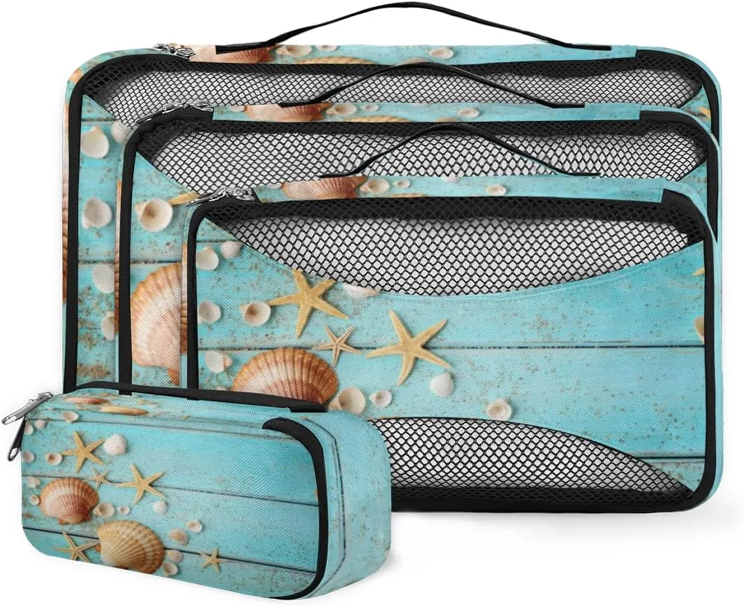 Seashells Blue Wooned 4 Piece Packing Travel Organizer Cubes Set Mesh Fabric Ventilate Design Lightweight Travel Accessories 4 Sizes (Extra Large, Large, Medium, Small)