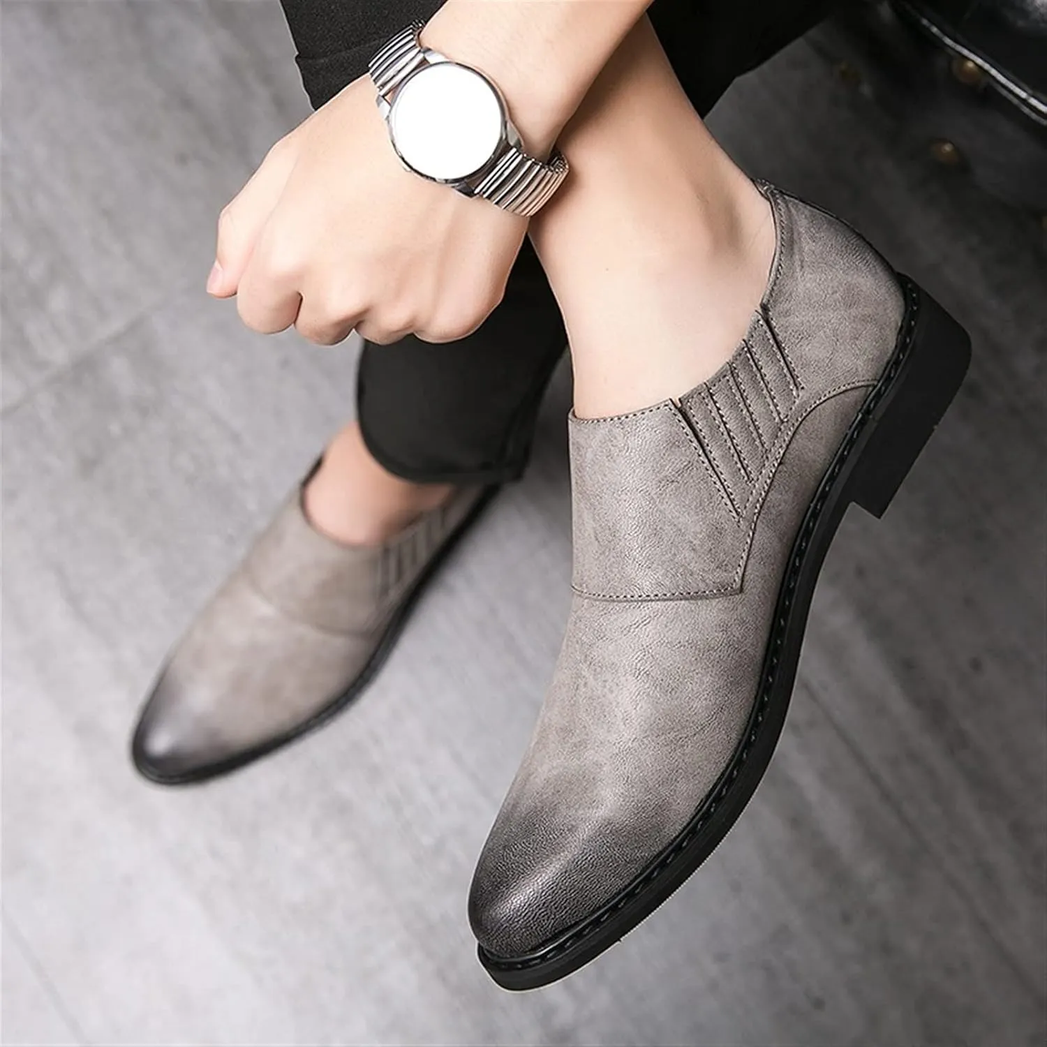 Shoes Dress Oxford for Men Lace Up Burnish Round Toe Vegan Leather Anti-Slip Block Heel Low Top Non Slip Wedding