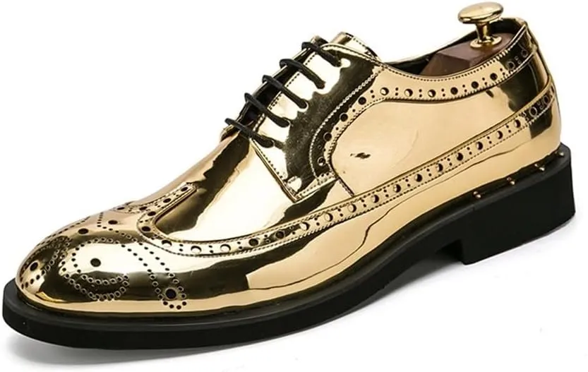 Single Season Dress Shoes for Men Lace Up Brogue Embossed Wing tip Shiny Derby Shoes Vegan Leather Rubber Sole Anti-Slip Block Heel Classic Very Popular Among Young People (Color : Golde Golden