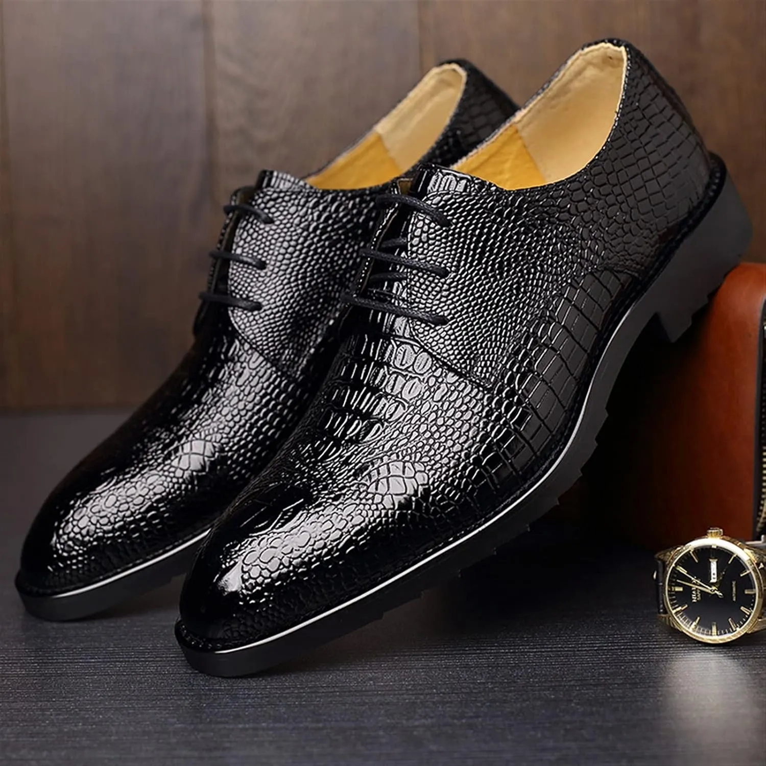 Single Season Formal Shoes for Men Lace Up Crocodile Embossed Burnish Round Toe Vegan Leather Anti-Slip Non Slip Rubber Sole Block Heel Low Top Business Very Popular Among Young People