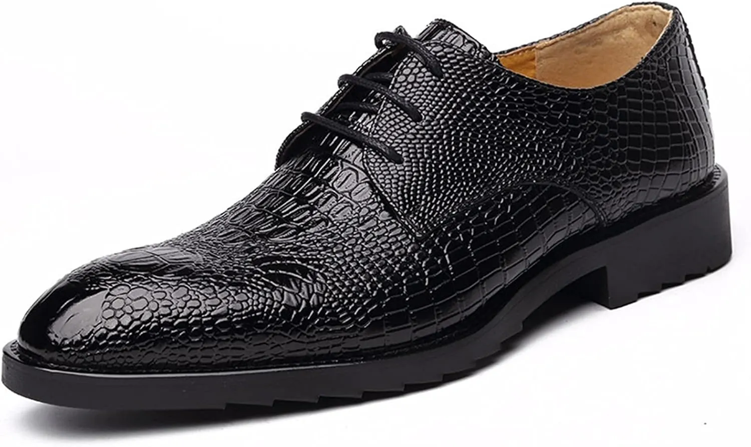 Single Season Formal Shoes for Men Lace Up Crocodile Embossed Burnish Round Toe Vegan Leather Anti-Slip Non Slip Rubber Sole Block Heel Low Top Business Very Popular Among Young People