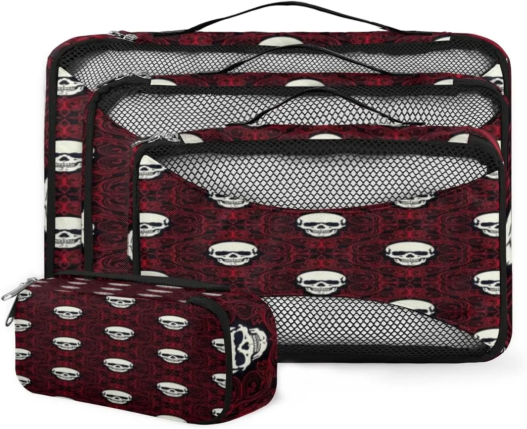 Skull Grid 4 Piece Packing Travel Organizer Cubes Set Mesh Fabric Ventilate Design Lightweight Travel Accessories 4 Sizes (Extra Large, Large, Medium, Small)