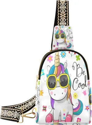 Small Sling Bag Waist Packs Leather Crossbody Packs Chest Bag Cute Cartoon Unicon Flower for Women Travel Belt Purse