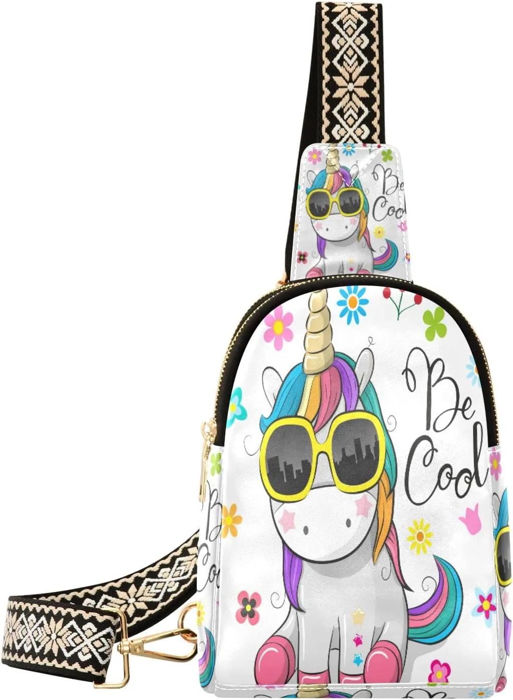 Small Sling Bag Waist Packs Leather Crossbody Packs Chest Bag Cute Cartoon Unicon Flower for Women Travel Belt Purse