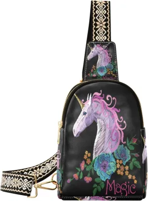 Small Sling Bag Waist Packs Leather Crossbody Packs Chest Bag Floral Unicorn for Women Travel Belt Purse
