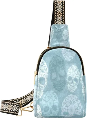 Small Sling Bag Waist Packs Leather Crossbody Packs Chest Bag Flower Skull for Women Travel Belt Purse