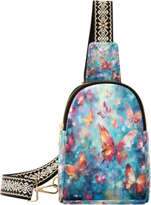 Small Sling Bag Waist Packs Leather Crossbody Packs Chest Bag Orange Butterfly for Women Travel Belt Purse