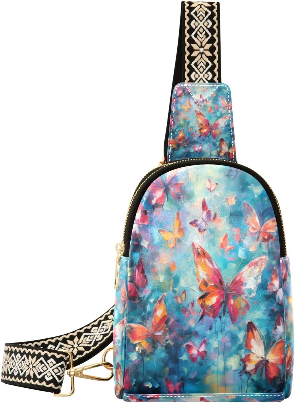 Small Sling Bag Waist Packs Leather Crossbody Packs Chest Bag Orange Butterfly for Women Travel Belt Purse