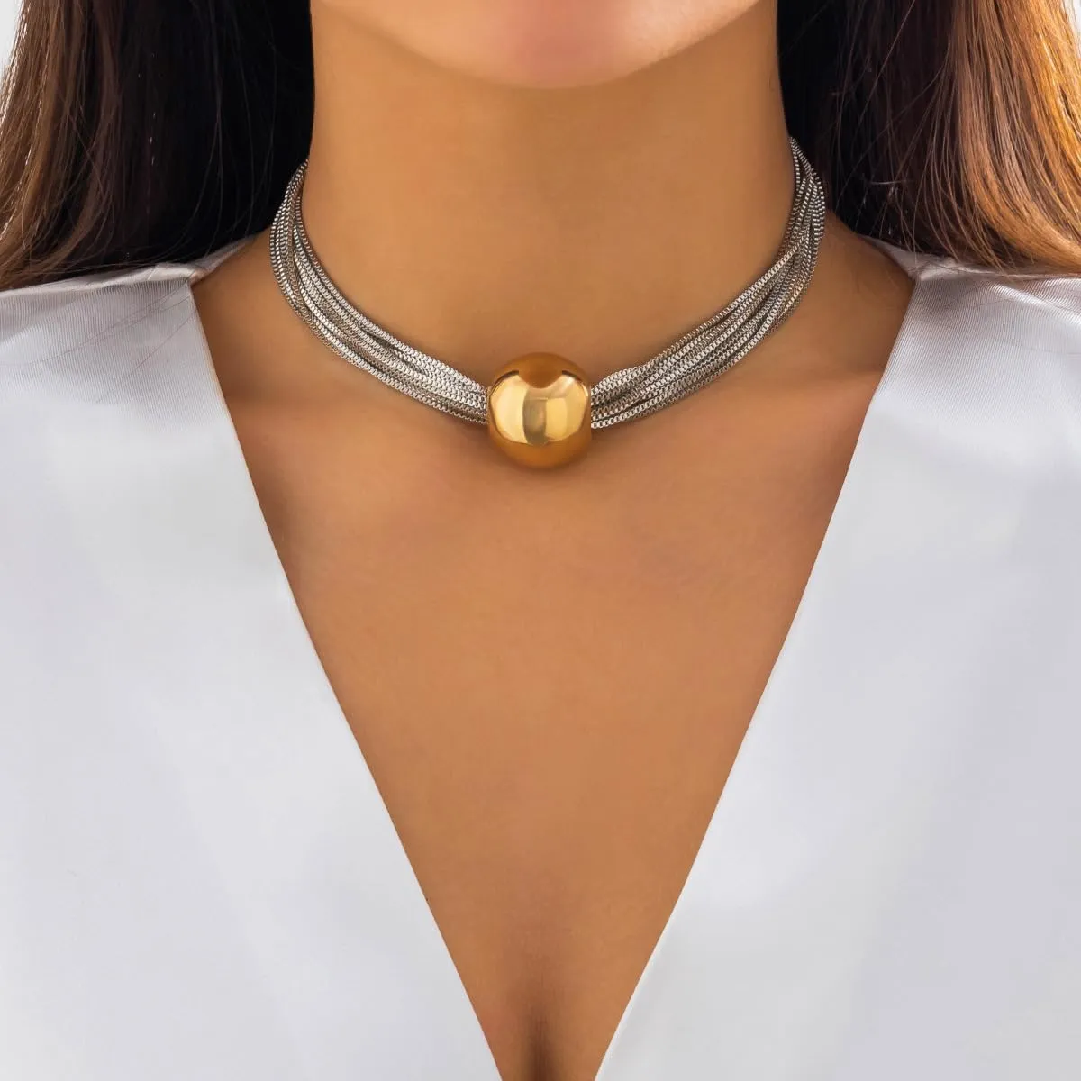 Sora Tuki Chunky Gold Choker Necklace Chunky Silver Necklace for Women Gold Statement Necklace Black Choker Necklace Thick Gold Chunky Necklace Geometric Sphere Necklace
