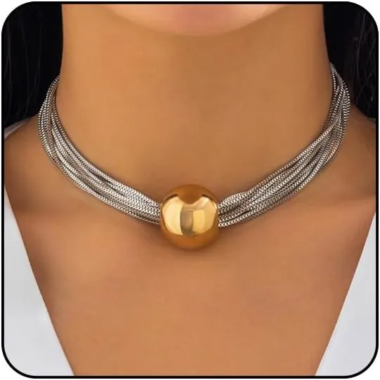 Sora Tuki Chunky Gold Choker Necklace Chunky Silver Necklace for Women Gold Statement Necklace Black Choker Necklace Thick Gold Chunky Necklace Geometric Sphere Necklace