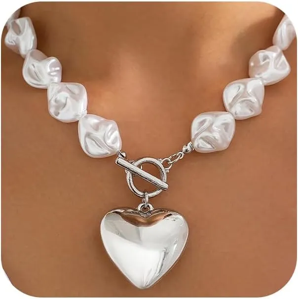Statement Chunky Gold Heart Pendant Necklace for Women Trendy Boho Baroque Pearl Chain Choker Big Silver Love OT Buckle Necklaces Party Prom Jewelry Gift