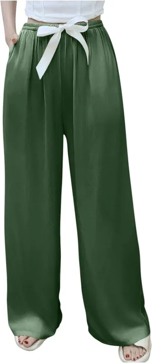 Summer Casual Pants for Women Drawstring Waist Wide Leg Beach Pants Comfy Loose Vacation Trousers 2025 Trendy Outfits