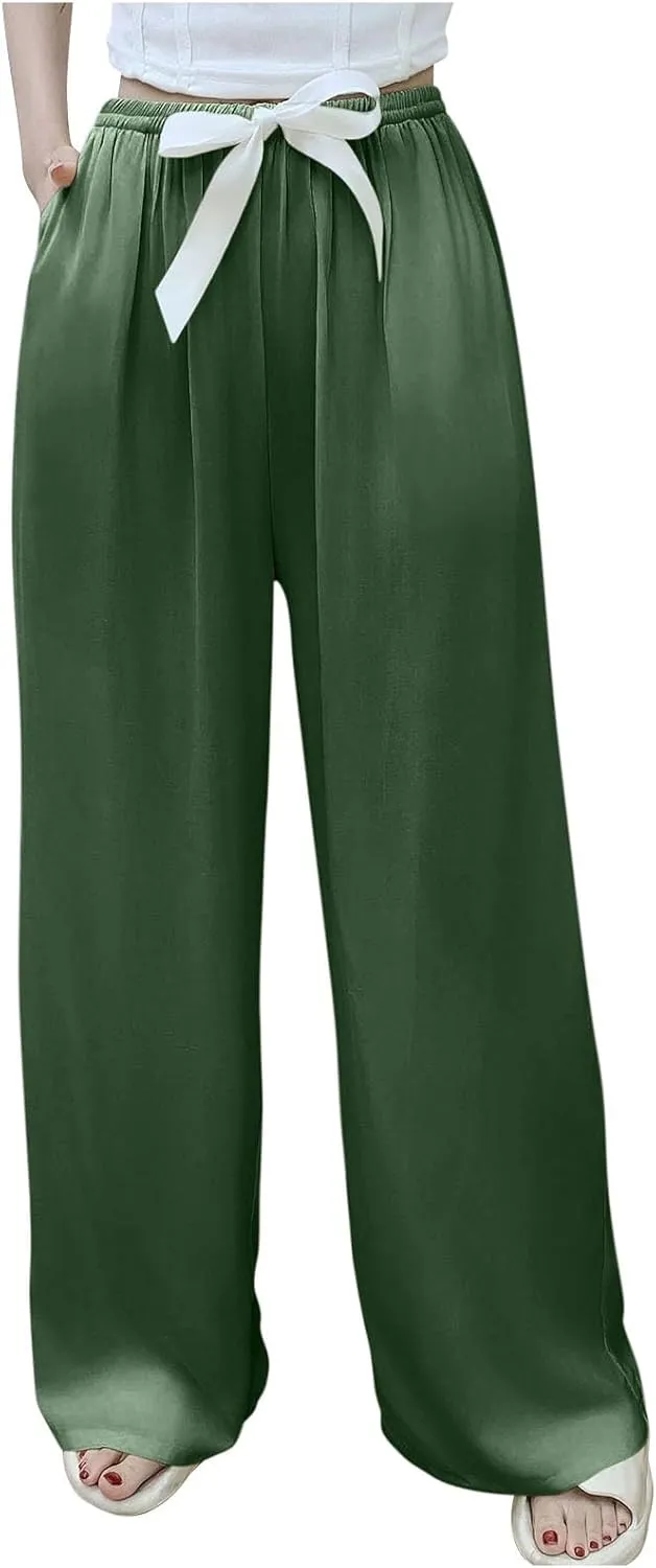 Summer Casual Pants for Women Drawstring Waist Wide Leg Beach Pants Comfy Loose Vacation Trousers 2025 Trendy Outfits