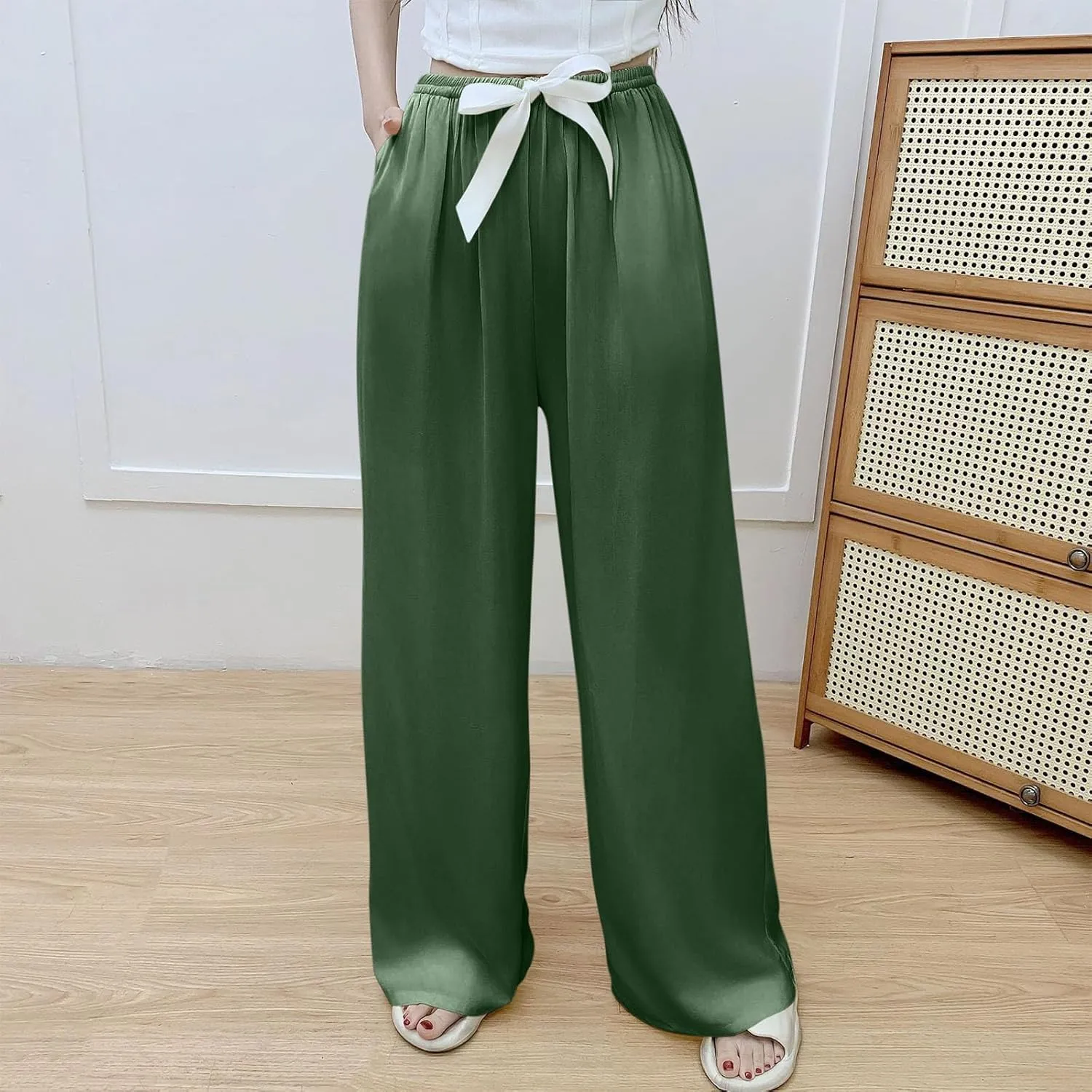 Summer Casual Pants for Women Drawstring Waist Wide Leg Beach Pants Comfy Loose Vacation Trousers 2025 Trendy Outfits