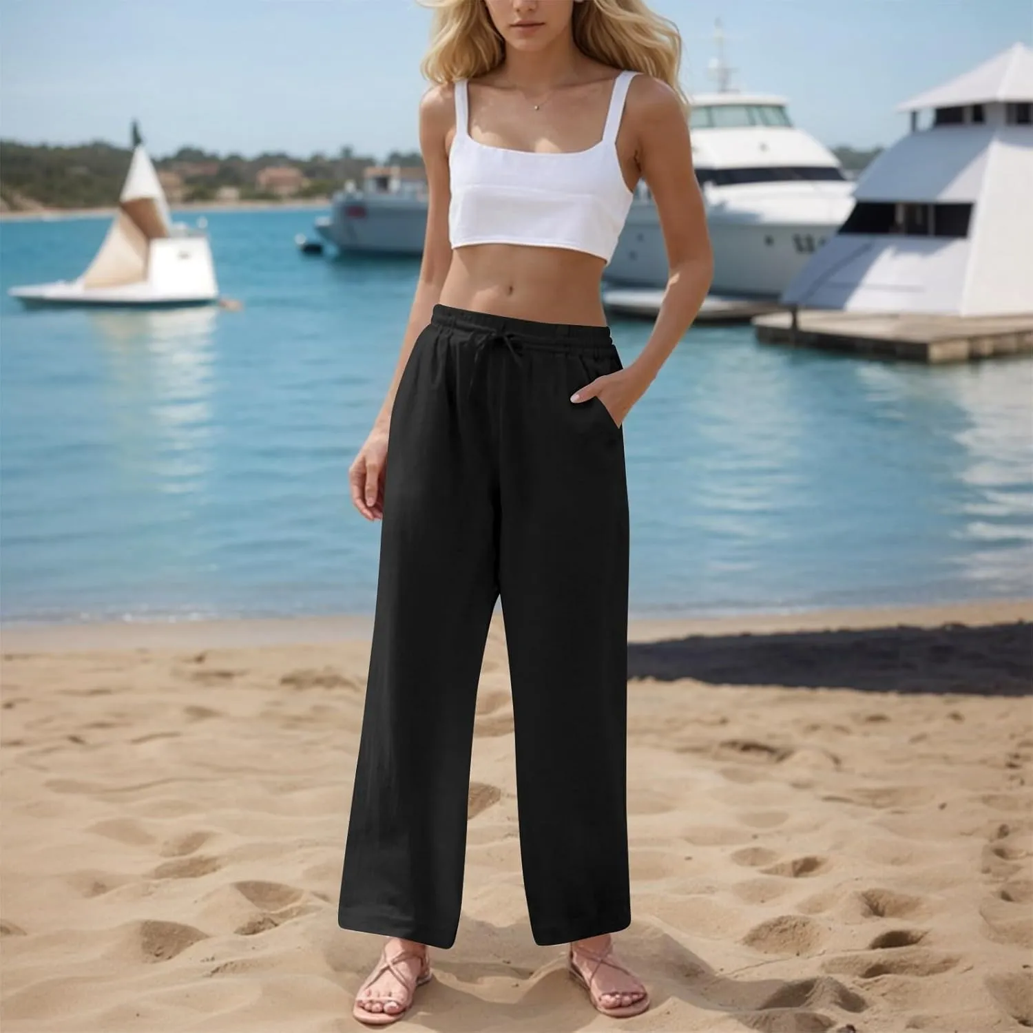 Summer Office Pants for Women Linen Flowy Wide Leg Elastic Waistd Palazzo Pants Vintage Drawstring Clothes with Pockets