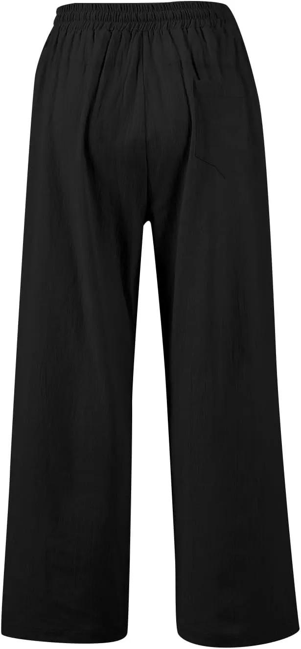 Summer Office Pants for Women Linen Flowy Wide Leg Elastic Waistd Palazzo Pants Vintage Drawstring Clothes with Pockets