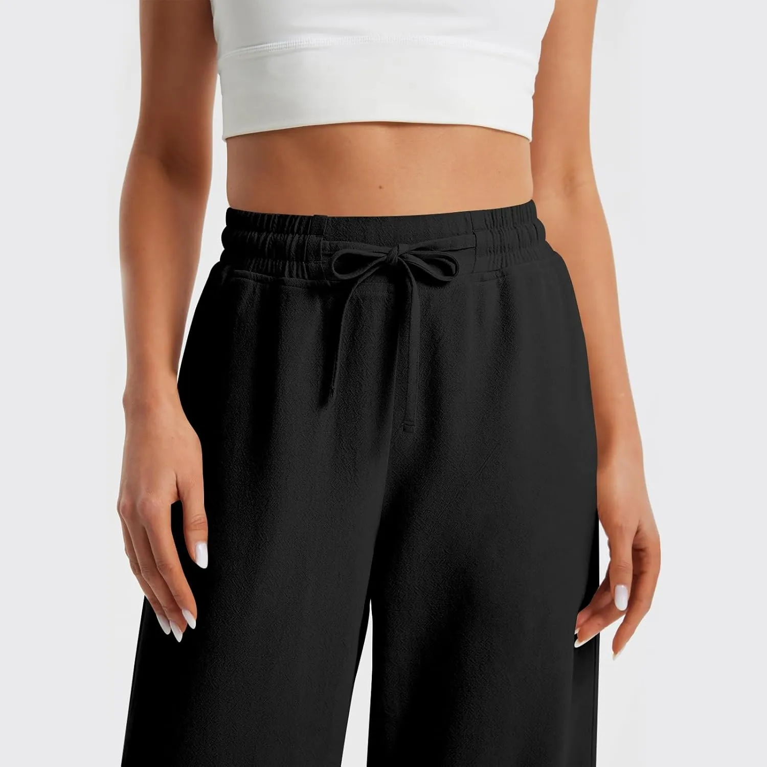 Summer Office Pants for Women Linen Flowy Wide Leg Elastic Waistd Palazzo Pants Vintage Drawstring Clothes with Pockets