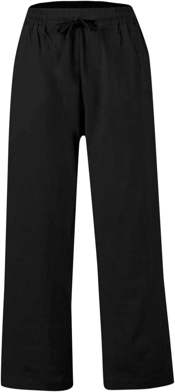 Summer Office Pants for Women Linen Flowy Wide Leg Elastic Waistd Palazzo Pants Vintage Drawstring Clothes with Pockets