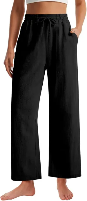 Summer Office Pants for Women Linen Flowy Wide Leg Elastic Waistd Palazzo Pants Vintage Drawstring Clothes with Pockets