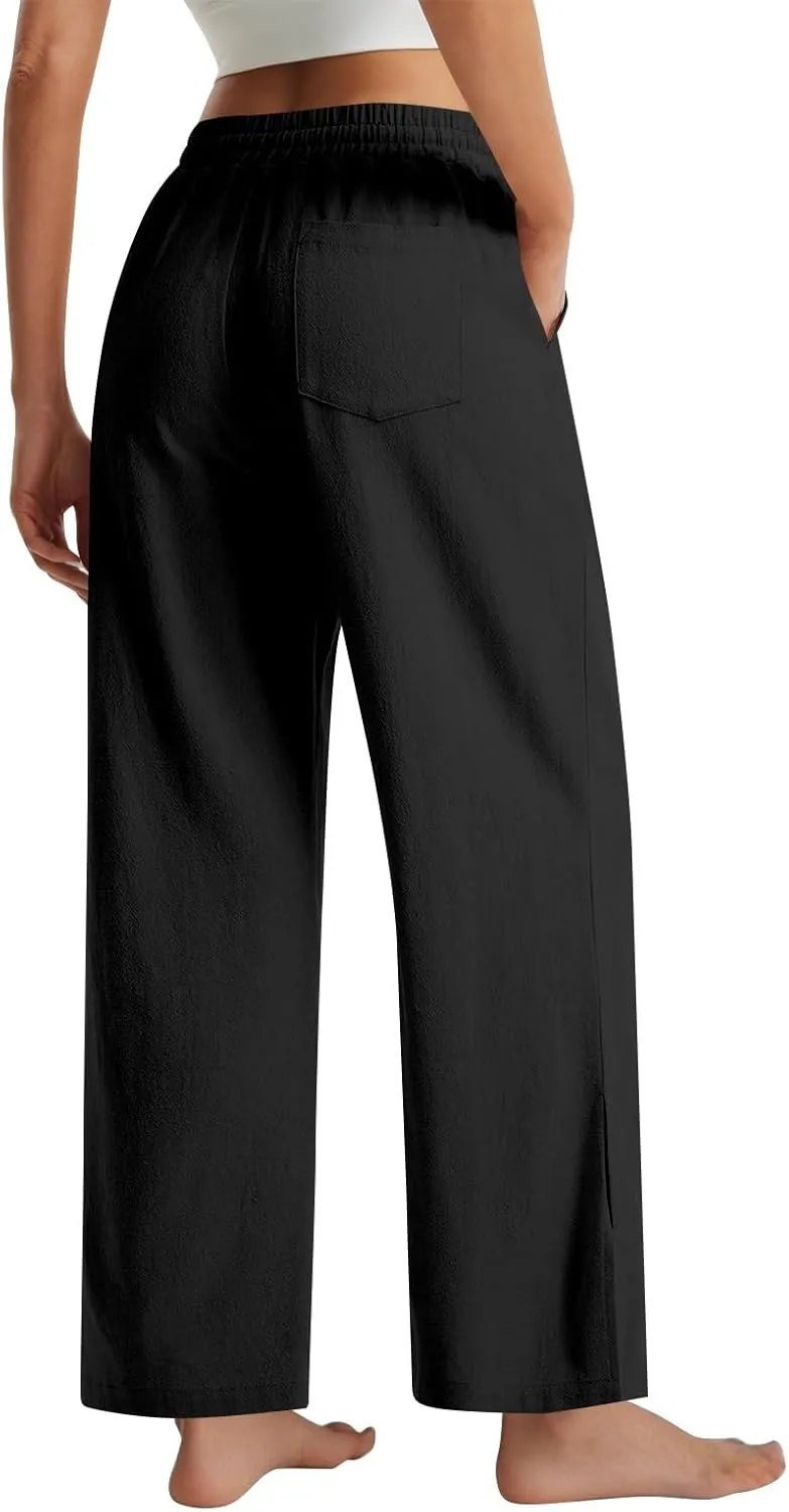 Summer Office Pants for Women Linen Flowy Wide Leg Elastic Waistd Palazzo Pants Vintage Drawstring Clothes with Pockets