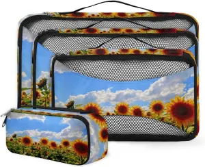 Summer Sunflower 4 Piece Packing Travel Organizer Cubes Set Mesh Fabric Ventilate Design Lightweight Travel Accessories 4 Sizes (Extra Large, Large, Medium, Small)