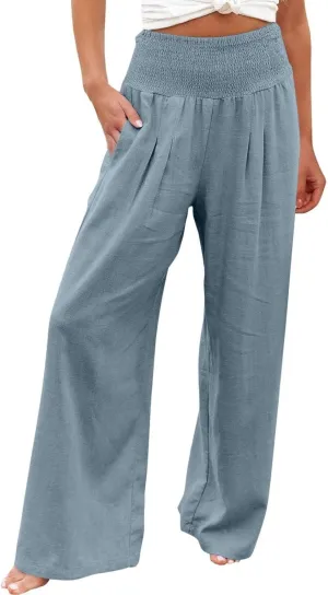 Summer Wide Leg Pants for Women Linen Elastic high Waisted Pants Trendy Beach Ruched Solid Baggy Trousers Pockets 2025