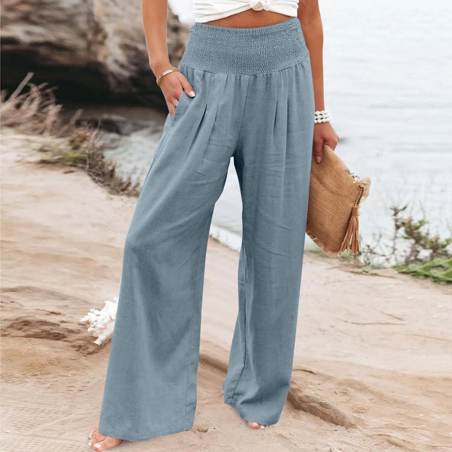 Summer Wide Leg Pants for Women Linen Elastic high Waisted Pants Trendy Beach Ruched Solid Baggy Trousers Pockets 2025