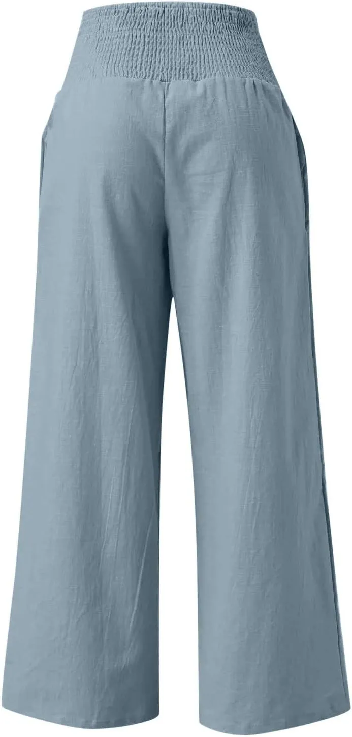 Summer Wide Leg Pants for Women Linen Elastic high Waisted Pants Trendy Beach Ruched Solid Baggy Trousers Pockets 2025