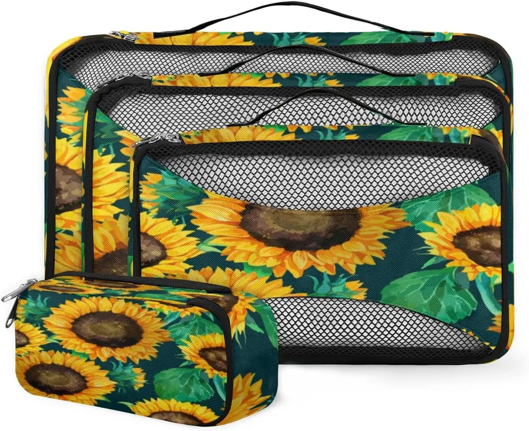 Sunflower Flowers 4 Piece Packing Travel Organizer Cubes Set Mesh Fabric Ventilate Design Lightweight Travel Accessories 4 Sizes (Extra Large, Large, Medium, Small)
