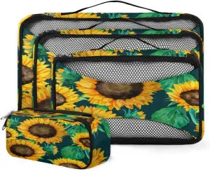 Sunflower Flowers 4 Piece Packing Travel Organizer Cubes Set Mesh Fabric Ventilate Design Lightweight Travel Accessories 4 Sizes (Extra Large, Large, Medium, Small)