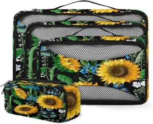 Sunflowers Spring Summer Flowers 4 Piece Packing Travel Organizer Cubes Set Mesh Fabric Ventilate Design Lightweight Travel Accessories 4 Sizes (Extra Large, Large, Medium, Small)