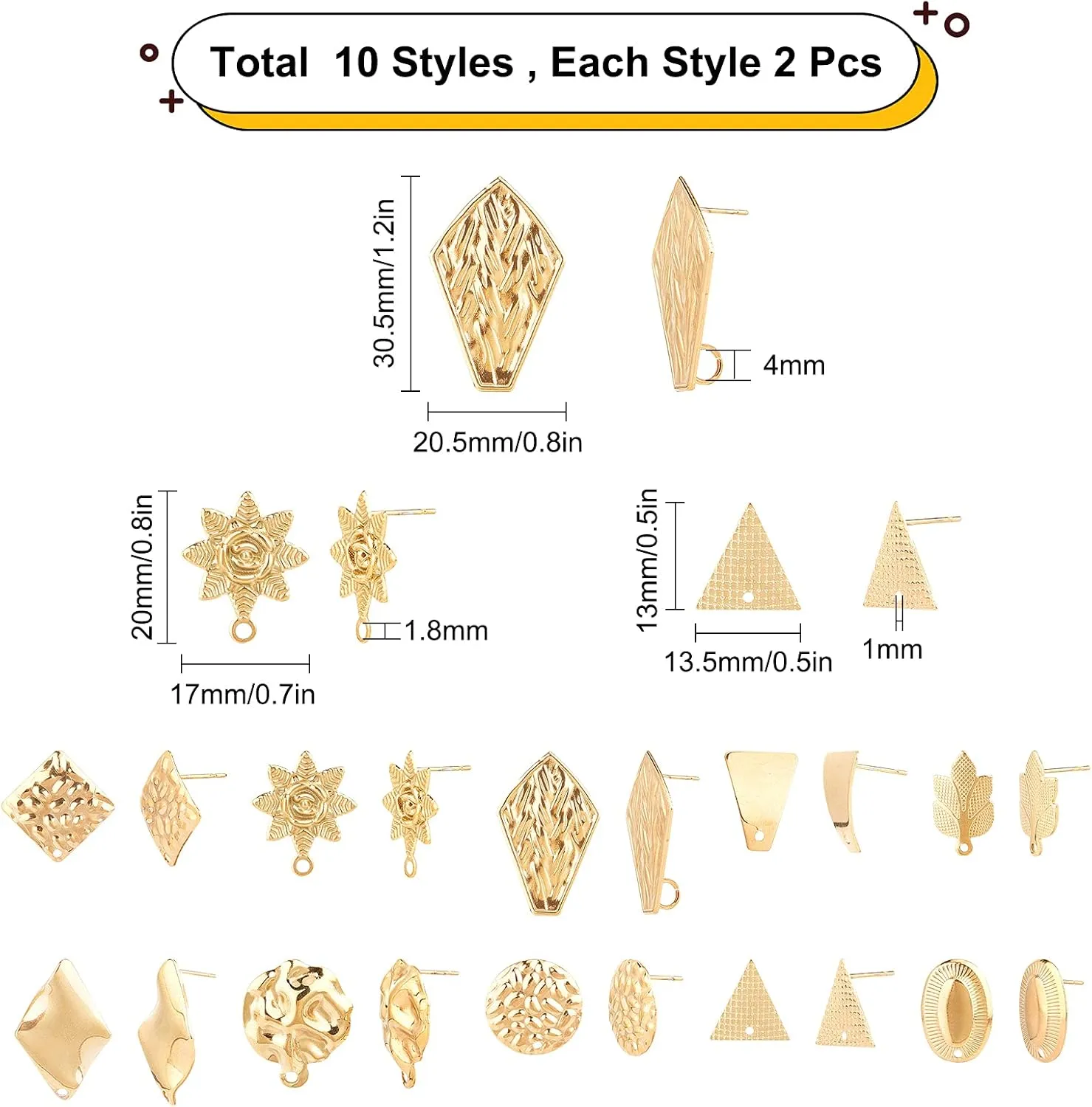 SUNNYCLUE 1 Box 10 Pairs Gold Earring Studs Stainless Steel Ear Studs Flat Round Flower Earring Triangle Oval Square Leaf Rhombus Shape for Man Women Styling Findings Jewelry Gifts