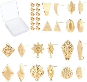 SUNNYCLUE 1 Box 10 Pairs Gold Earring Studs Stainless Steel Ear Studs Flat Round Flower Earring Triangle Oval Square Leaf Rhombus Shape for Man Women Styling Findings Jewelry Gifts