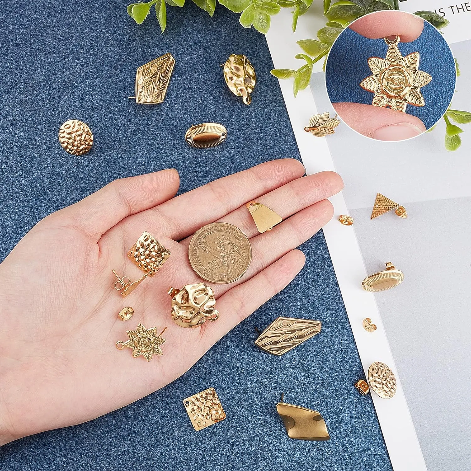 SUNNYCLUE 1 Box 10 Pairs Gold Earring Studs Stainless Steel Ear Studs Flat Round Flower Earring Triangle Oval Square Leaf Rhombus Shape for Man Women Styling Findings Jewelry Gifts