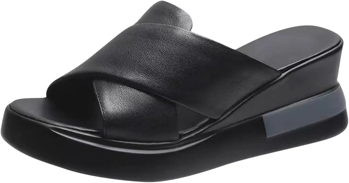 Supportive Sandals for Women Classic Criss Cross Black Slides Shoes Wedge Arch Support Orthotic Walking Sandal