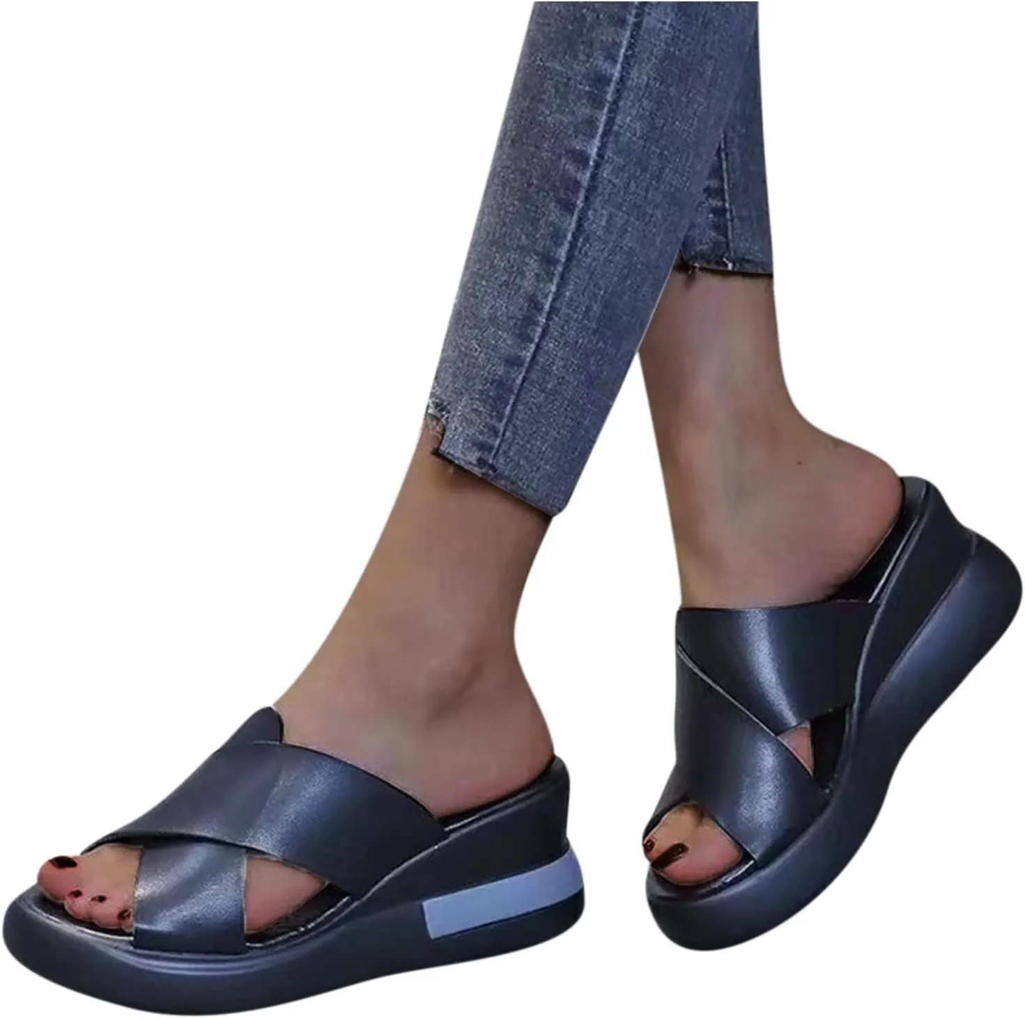 Supportive Sandals for Women Classic Criss Cross Black Slides Shoes Wedge Arch Support Orthotic Walking Sandal
