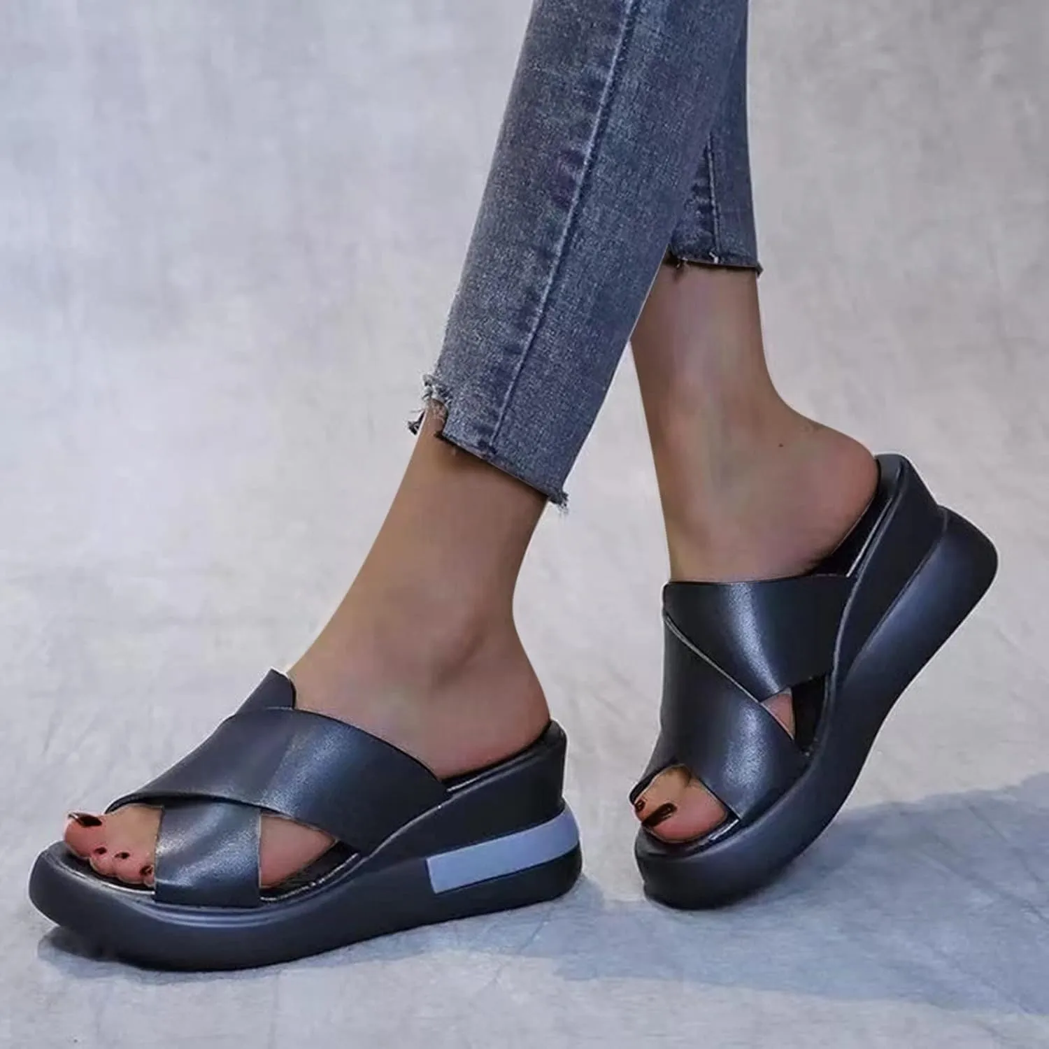 Supportive Sandals for Women Classic Criss Cross Black Slides Shoes Wedge Arch Support Orthotic Walking Sandal