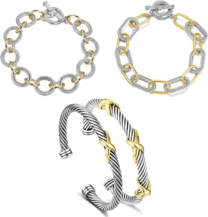 TAYASE Designer Inspired 4PC Bracelet Set for Women, Two Tone Cable Bangles & Chain Link Bracelets, Silver Gold Mixed Metal Fashion Jewelry Sets (Gold & Silver 2)