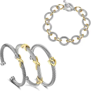 TAYASE Designer Inspired 4PC Bracelet Set for Women, Two Tone Cable Bangles & Chain Link Bracelets, Silver Gold Mixed Metal Fashion Jewelry Sets (Gold & Silver 3)