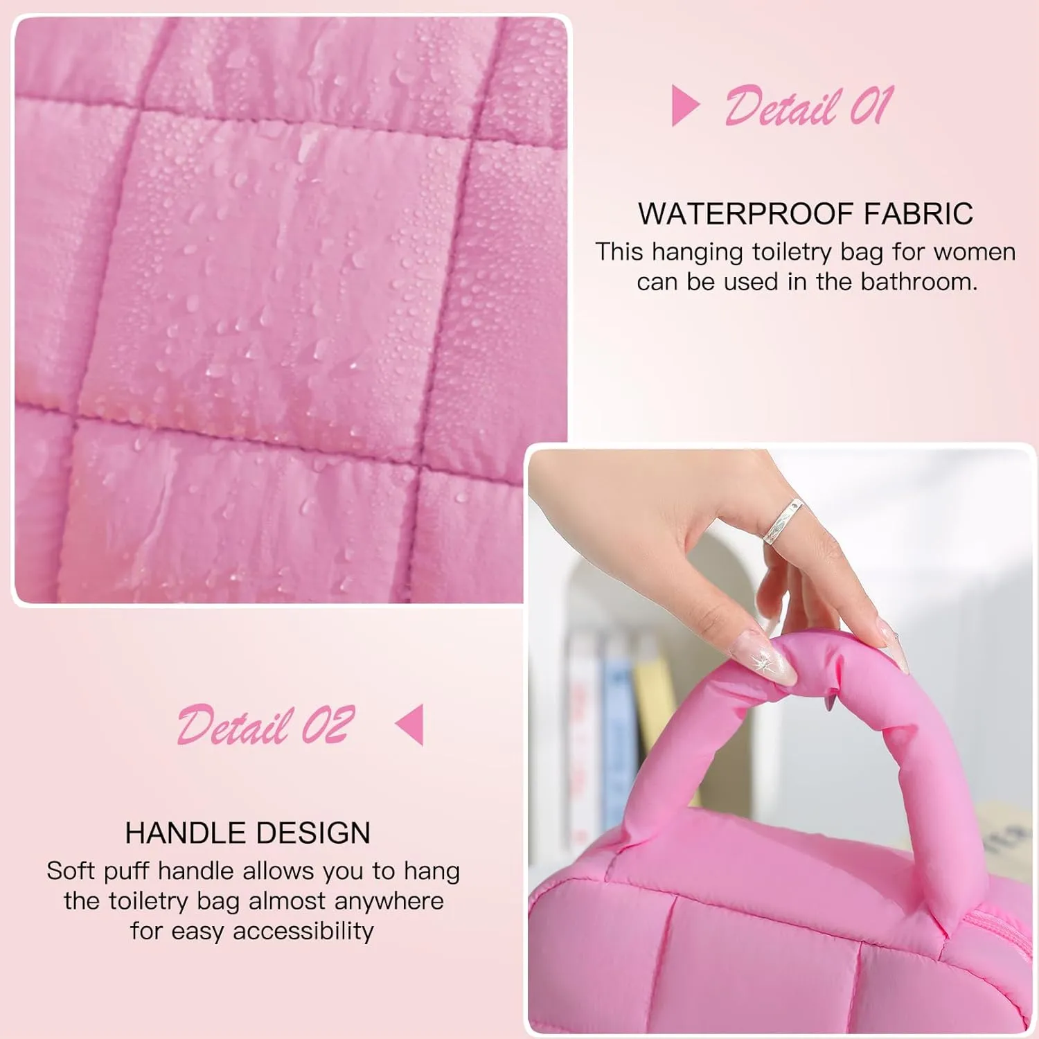Teryeefi Hanging Travel Toiletry Bag for women, [Cute Candy Color Puffy Design] Travel Makeup Cosmetic Bag with Waterproof function (Rose)