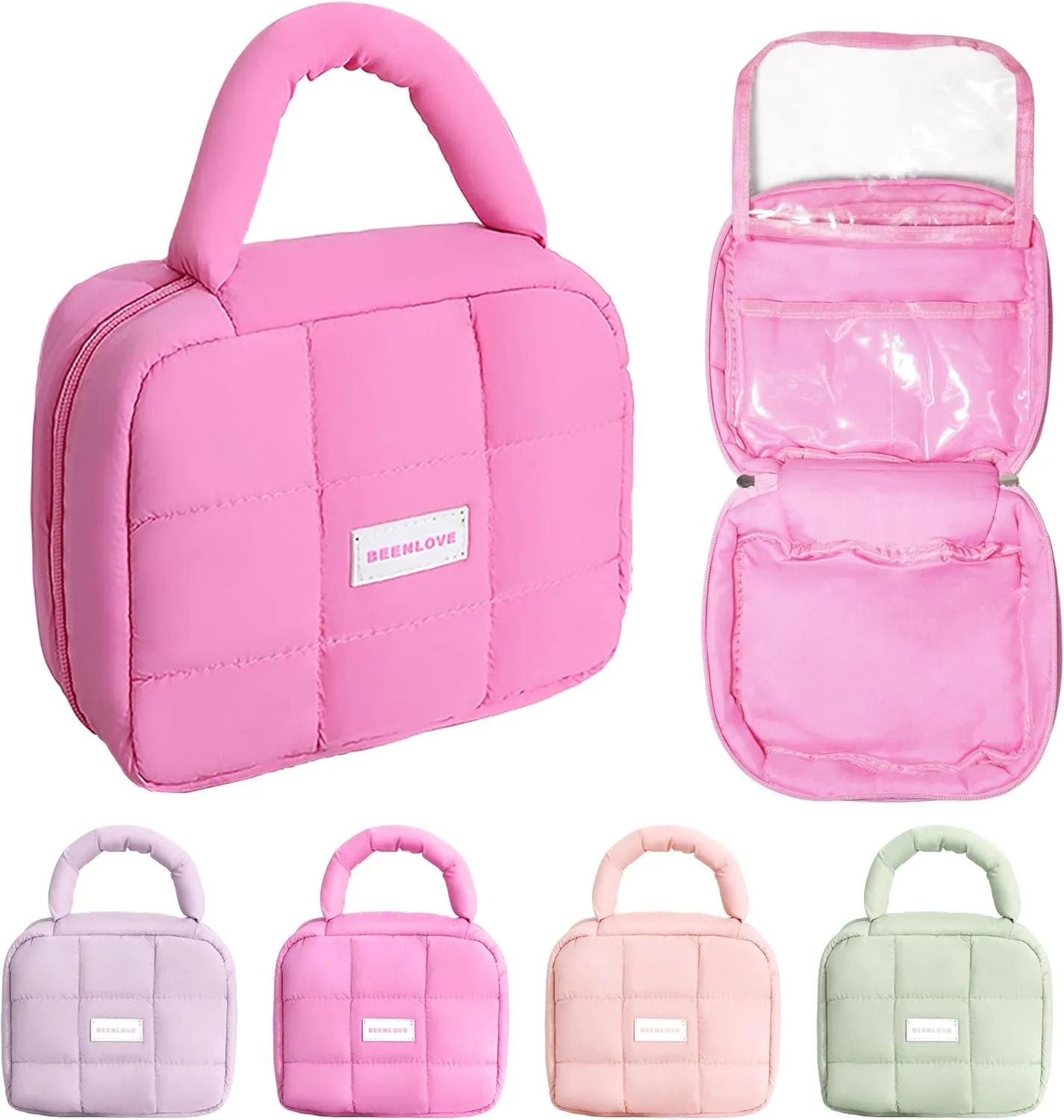 Teryeefi Hanging Travel Toiletry Bag for women, [Cute Candy Color Puffy Design] Travel Makeup Cosmetic Bag with Waterproof function (Rose)