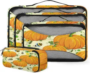 Thanksgiving Pumpkin Honeybee 4 Piece Packing Travel Organizer Cubes Set Mesh Fabric Ventilate Design Lightweight Travel Accessories 4 Sizes (Extra Large, Large, Medium, Small)