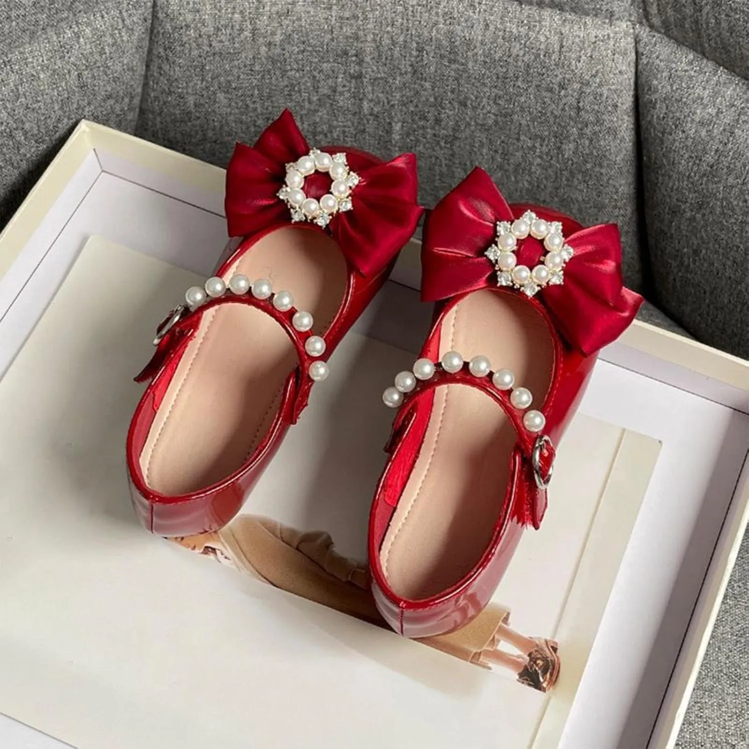 Toddler Girls Bowknot Marry Jane Shoes for Dance Solid Color Water-Proof Dress Shoes Kids Casual Ballerina Shoes