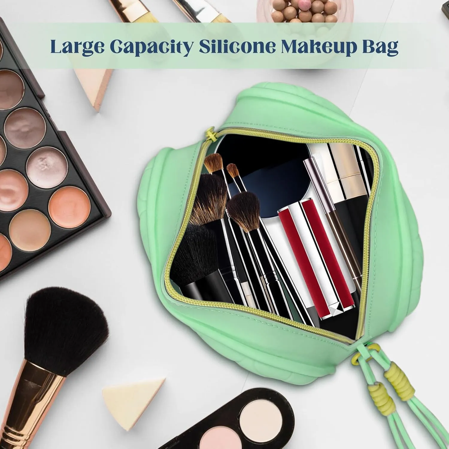 Travel Makeup Bag Waterproof Silicone Toiletry Bag for Women Men Green Cute Cosmetic Bags Mini Zipper Makeup Pouches for Purse Pretty Gifts for Teacher Mom Sister Girlfriend